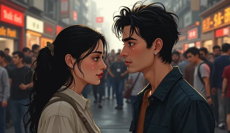 Illustration style，A plainly dressed man and a beautiful woman meet in the crowd，Beautiful woman with tears in eyes，Sad looking man，Man with complicated eyes，Street Scene，There are a lot of people on the street。。