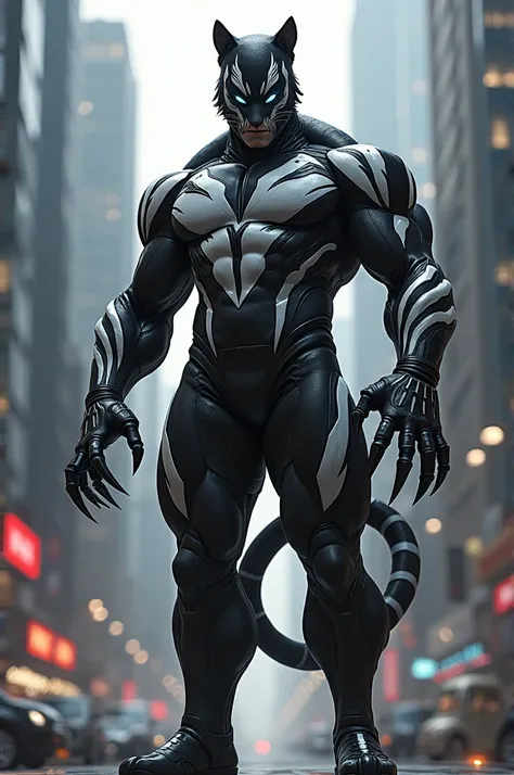 create a hero using a mixed black and white costume, with a tigers tail and claws, as well as a mask covering his entire face