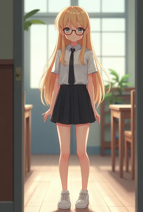 Girl with small breasts, spectacled, with hair down to the middle of the back, warm blond and grey blue eyes, Hair loose. Wearing a white blouse, tie, black skirt and white sneakers. Big thighs and she&#39;s at school