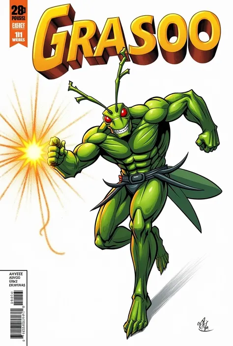 Create for me comic book cover superhero grasshopper white background comic book front page wrote title (GRASOO) price tag date of .Ahwee sign at below.hand from left holding and sprayed 