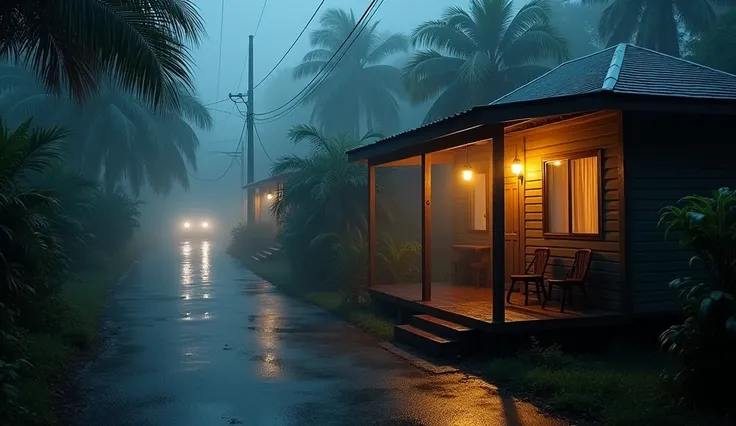 create a cozy porch, with little flare, no sun and moon light, left side street.  after heavy rain, late midnight, dark background, tropical forest landscape, pinus trees. cozy foggy atmosphere, cloudy surrounding, wet street, sleepy mood, sharp focus, hig...