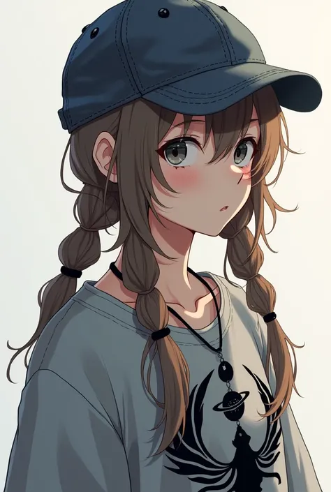 A female anime character in profile, with brown hair in half-undone braids and a worn denim cap, a grey sweatshirt with a picture of a black dragon, with almost gray brown skin. That can be seen up to the chest. With a Saturn necklace