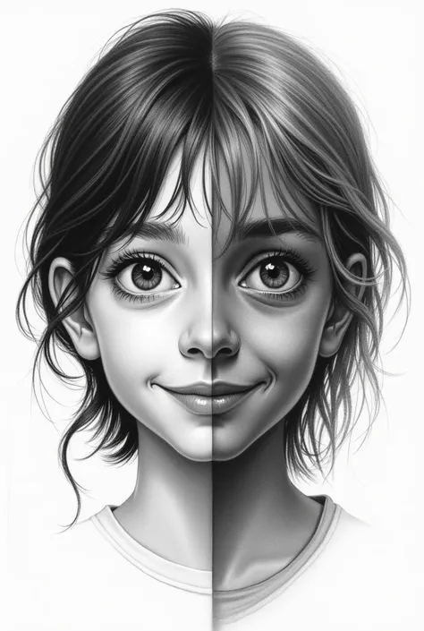 in black and white, in pencil, create the cute and smiling side of a teenager, and the serious ugly and dark side.