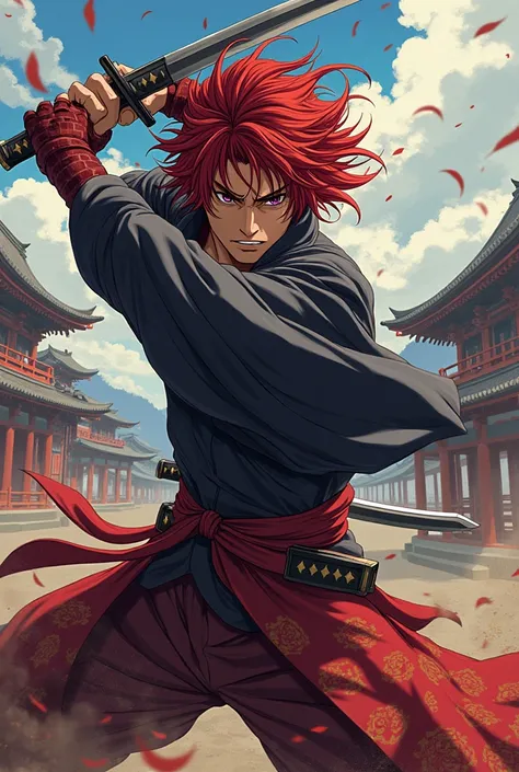 I want an anime style image of Kenshin samurai x fighting with mitisurugui I am calibur