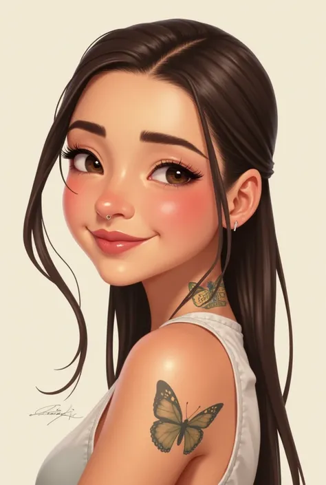 I would like to make a 2d illustration of myself
*oval shaped face, with a soft facial structure and defined eyebrows that are not too thick.
: You have dark brown hair, straight and long, gathered back, leaving the entire forehead visible.
- **tattoos**: ...