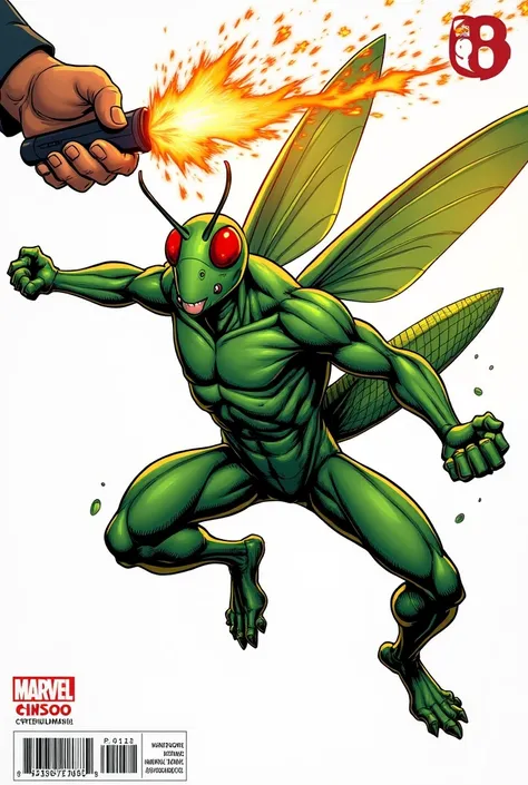 Create for me comic book cover superhero grasshopper white background comic book front page wrote title (GRASOO) price tag date of .Ahwee sign at below.hand from left holding and sprayed  fire 