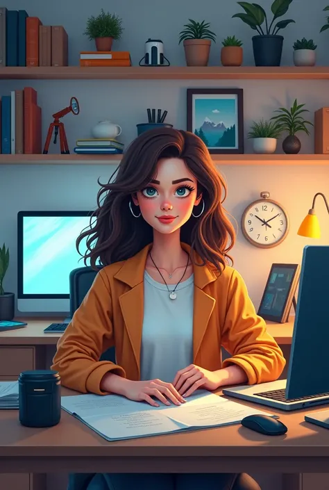 Create a digital entrepreneur girl in her small room.