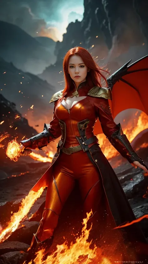 * "Bold, beautiful, and、Fiery red hair、Quality women, Intense expression, and、Dragon-inspired outfit, Anthropomorphized Charizard, Determined, Brave look, Glowing Eyes, and強い, Posed. In the background、Depicts fire explosions and dramatic volcanic landscape...