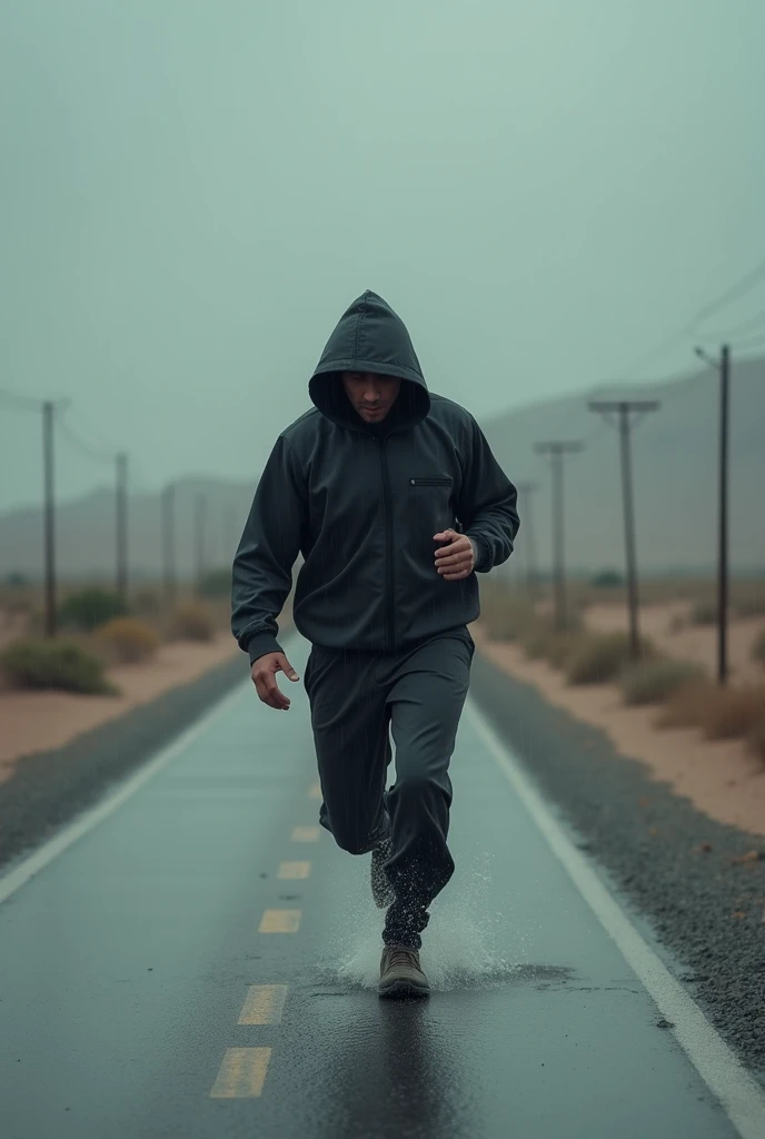 A man dressed a hooded blouse training in a rainy day in a desert road.