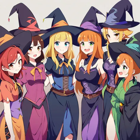 Teen witches series, witch outfits, wizard hats, womans surrounding, multiple womans, curvy