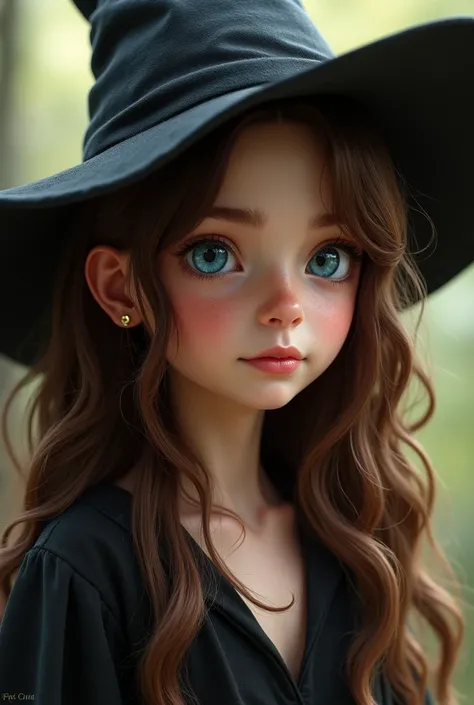 1 girl, Long hair, Blue eyes, Brown hair, earring, Witch Hat, Natural wavy hair, Character design, movies, High resolution, 