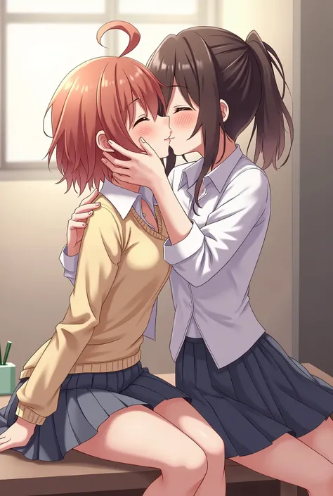 1 girl having sex and a woman of 4 having fun at home, smut: 1.2, hentai: 1.2, nsfw: 1.2, lesbian yuri: 1.2, kissing, futanari: 1.2, blushing, wearing blouses and skirts