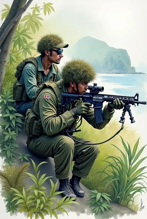 Watercolour painting Thai Marine force recon sniper and his spoter in his mission. The sniper in a ghillie suit