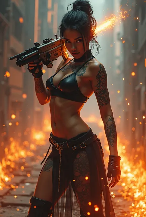 A black futuristic girl with tattoos who uses a beautiful fire shooter ( the background is like a multiverse ) full body image 