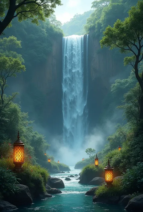 The image is a breathtaking depiction of a serene, mystical landscape featuring a majestic waterfall cascading down a lush, verdant cliff. The waterfall is the focal point, with water tumbling gracefully from a great height, creating a series of smaller fa...