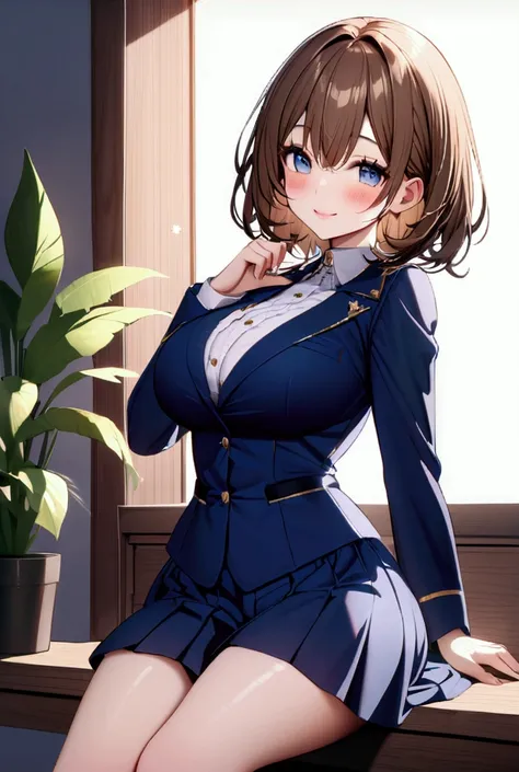 */Catherine is a girl () short brown hair has sky blue eyes navy blue jacket with long collar navy blue skirt navy blue socks big breasts, smile, blush, 