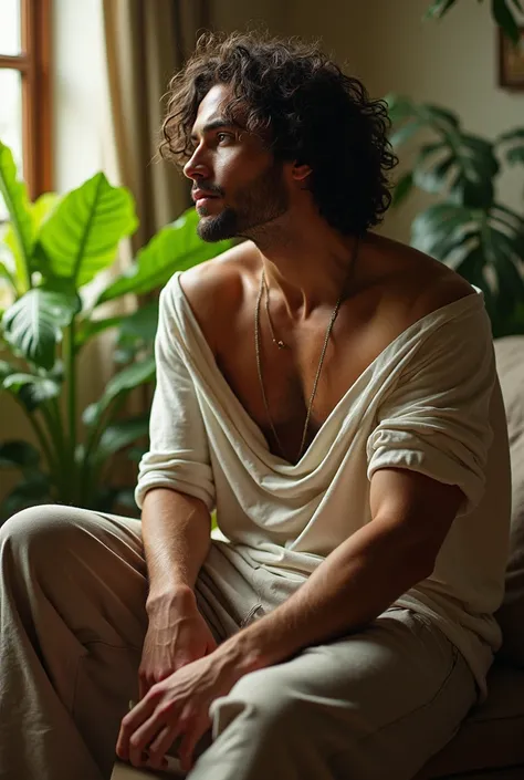 (photorealism:1.2), beautiful man, sitting on Chair, wearing loose off-shoulder top,  pants, long curly hair, indoors, soft lighting, plants in background, window with sunlight, cozy room, relaxed pose, realistic, intricate details, warm colors, by Greg Ru...