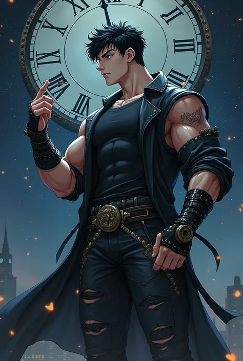 Wizard,man,Young,anime,Giant clock hands, stars,black t-shirt,showing arms, starry night,take the key,gothic clothes, black hair, ripped black lab coat, gears,steampunk,metal in clothes,defined and toned body,sexy