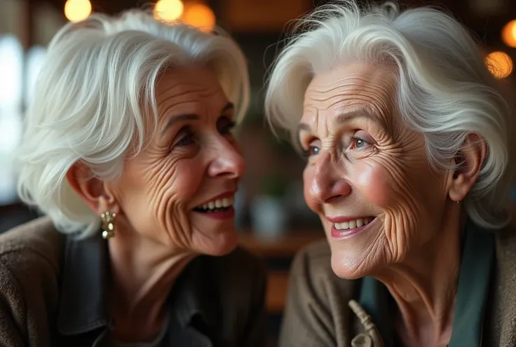 a closeup of elderly white-haired women conversing, in a cafe, beautiful detailed eyes, beautiful detailed lips, extremely detailed eyes and face, long eyelashes, photorealistic, ultra-detailed, (best quality,8k,highres,masterpiece:1.2),realistic,vivid col...