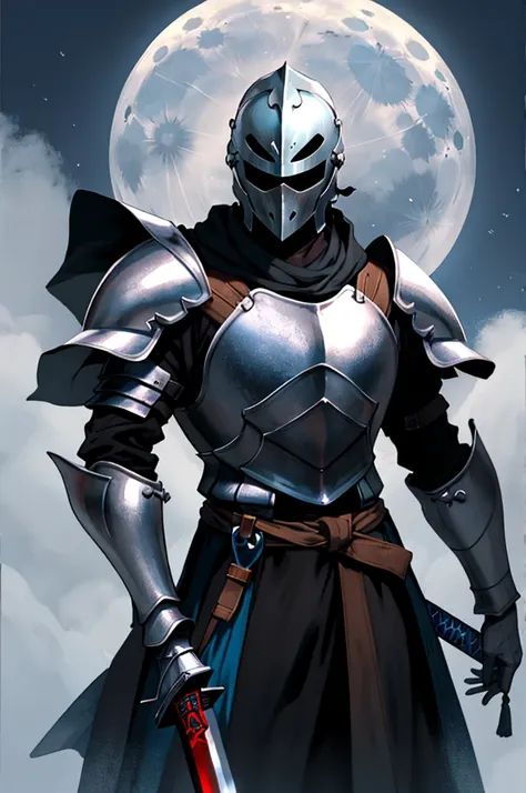 A knight using a sword made of moonlight. He wears a helmet and has light armor