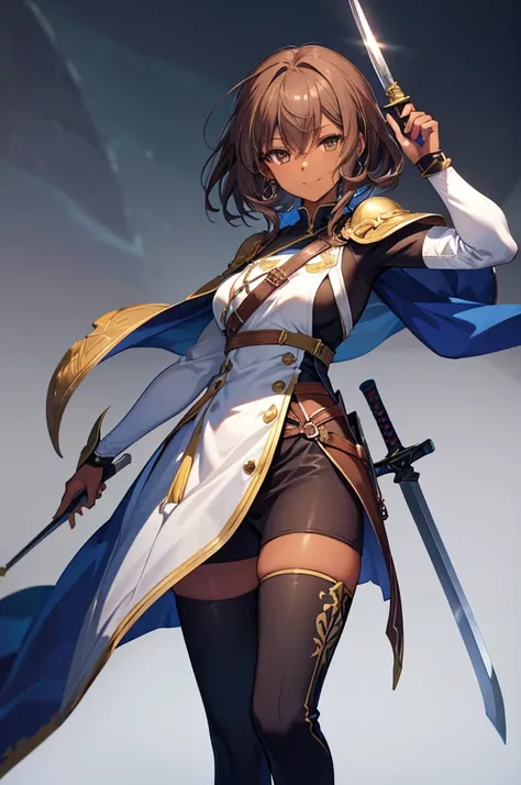 A female swordsman, hem at the waist, sword inside the sheath. 1 woman, brown hair, dark skin. relaxed pose, smiling slightly. good anatomy, Simple Clothes, design bonito, FIRST WORK