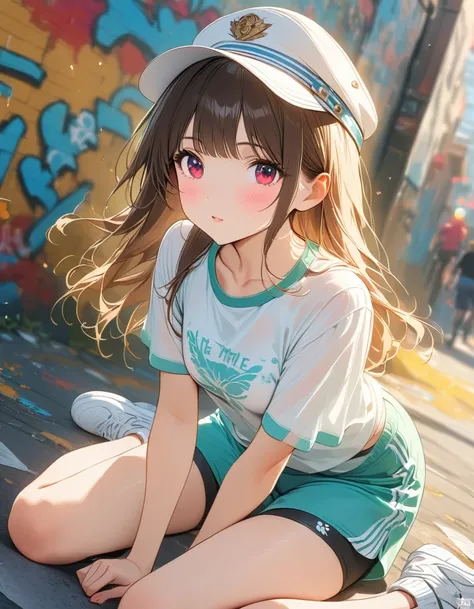 fashion girl,sports shorts, white peaked cap, wariza, street graffiti, (extremely delicate and beautiful: 1.2), movie angle,(bea...