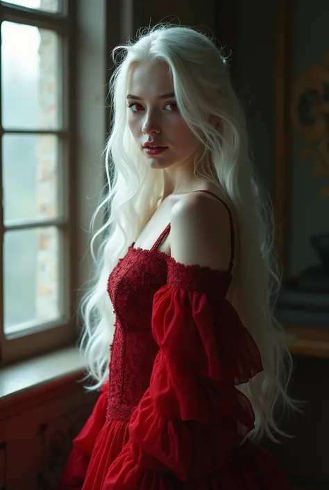 detailed, high quality, 8k, Mysterious beauty of a woman, One beautiful woman, She has long white hair, It has big, beautiful red eyes, She is wearing a red dress that contrasts beautifully with her snow-white skin., Standing by the window where the moonli...