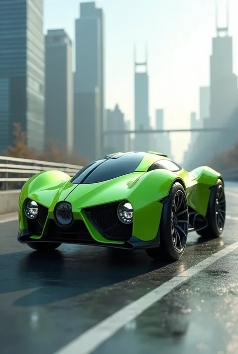 A green car with motorcycle wheels