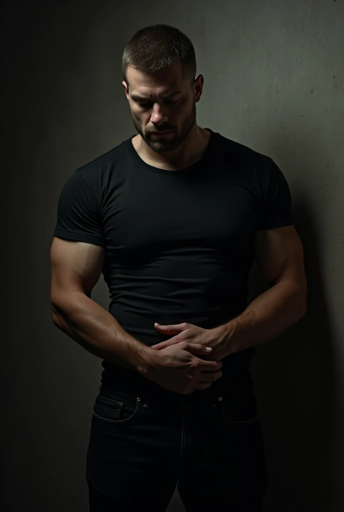 A 20 year old man in a black shirt and black jeans, wearing a muscle t-shirt,  dressed in a black T-shirt, kinda muscular, beautiful. big muscles, Tall and muscular,  looking down with a dangerous expression, his back against the wall and his hand wrapped ...