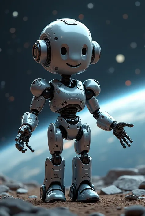 future space robot, opening arms welcoming the camera, realistic, smiling, with details.