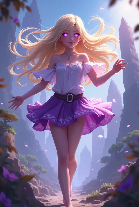 A girl with blonde long hair. She has purple glowing eyes. she flies. She conjures. She controls the wind. Her eyes shine light purple. her hair blows in the wind. The wind makes the leaves dance. In the background are floating islands. She wears a purple ...