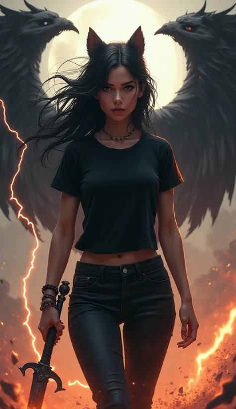 Generate an image of attitude girl standing in black tshert and black pant  with wolf and in her fire sword 8n har hand  back devil wing lighting in back with smoke 