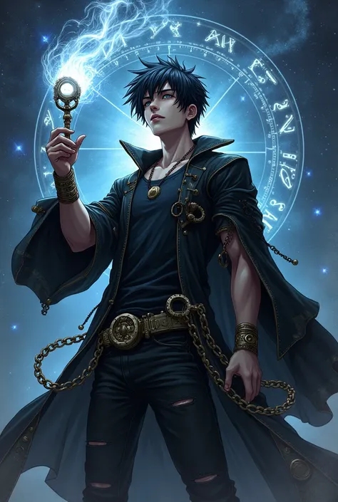 Wizard,man,Young,anime,Clock hands, stars,black t-shirt,showing bare arms, starry night,take the key,gothic clothes, black hair, ripped black lab coat, gears,steampunk,metal in clothes,fit body,sexy,bold face 