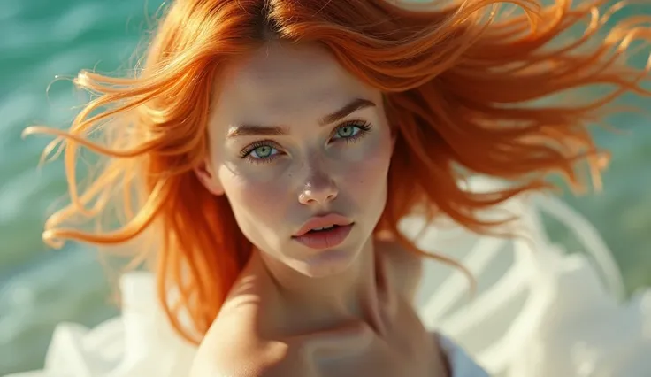 A fictional being, (((fully body))), Young orange-haired woman, i&#39;m, Close-up, Sunniness, professional foto, bonitas, face perfect, 30s, white gown, glowing details, high-heels, Ultra High Definition, 8k, Motor Unreal 5, Ultra sharp focus, artwork Intr...