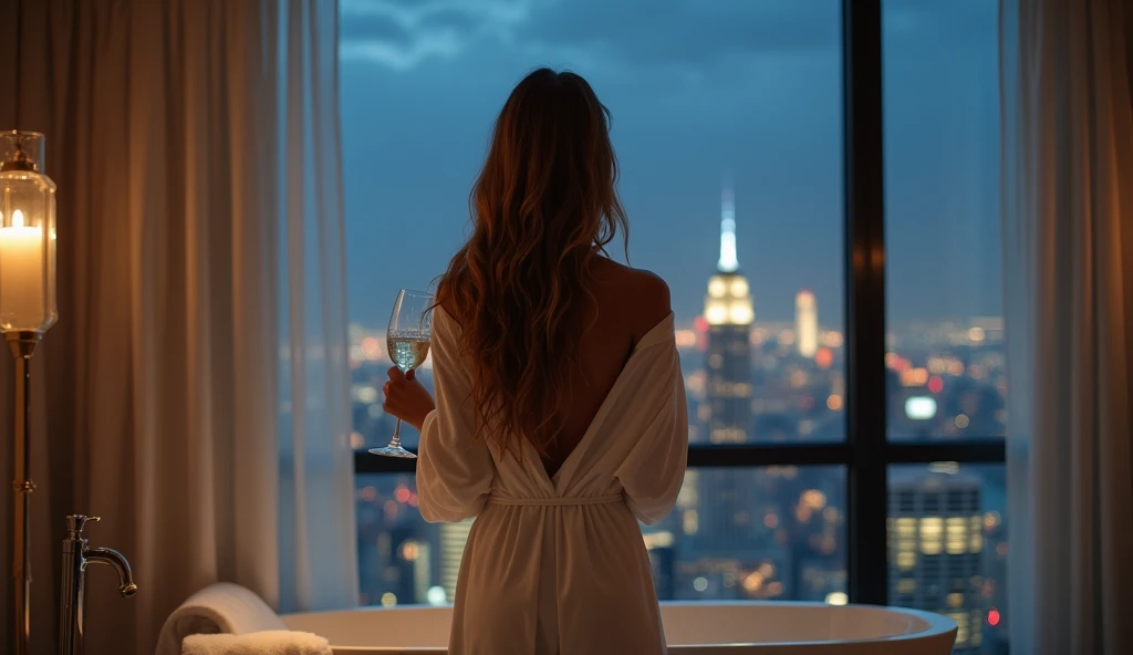 ((Best Quality)), ((masterpiece)), (detailed), One Girl, Long Hair, sexy,One Girl,I can only see your back、Wearing a white bathrobe, holding a champagne glass, View the night view from the large window、Night view from the bathroom、High-rise apartment build...