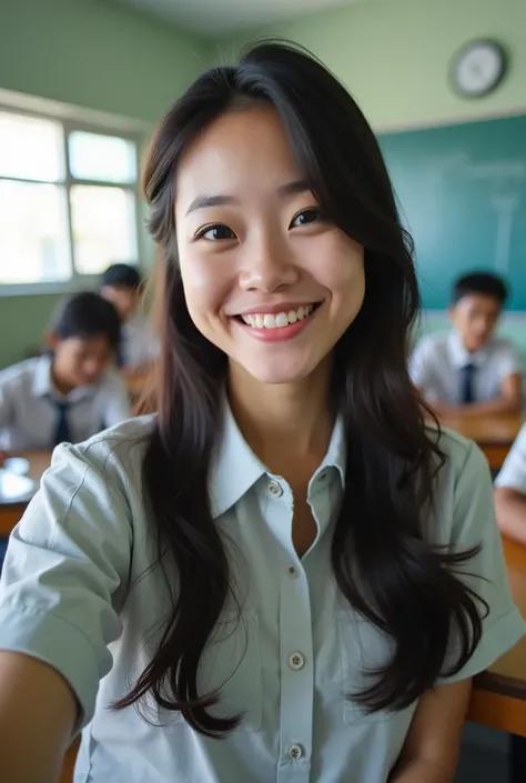 Beautiful Japanese Woman Smiling in School Classroom Selfie, Top Quality, Ultra High Resolution, 8K Image