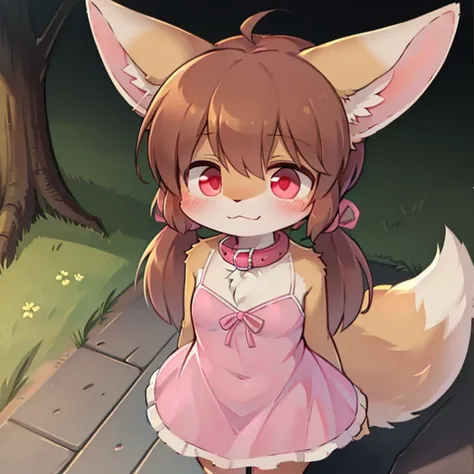 (solo), ((full-body)), [a two tailed female, humanoid fox, ((young, smaller)), vanilla bodyfur, huge fennec ears, fluffy fur, ((brown hair, ponytail)), ((dark red pink eyes)), flat chest, wide hips, small snout], [wearing ((((pink dress)), pink collar, pin...