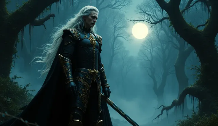 Illustrate a powerful scene in 1950s Super Panavision 70 style, depicting Alucard in a misty forest at night. Alucard, with his long silver hair, pale complexion, and elegant black-and-gold medieval armor, stands tall with his sword gleaming in the moonlig...