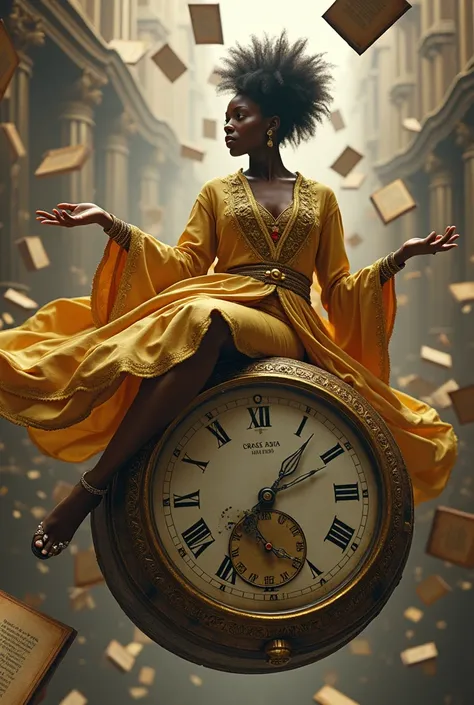 Busty African female wearing gold mage clothes riding a big floating pocket watch with floating books surrounding 