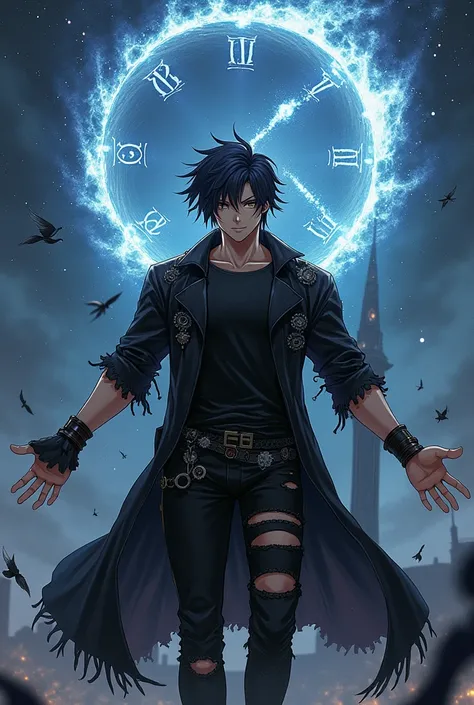 Wizard,man,Young,anime,Clock hands, stars,black t-shirt,showing bare arms, starry night,take the key,gothic clothes, black hair, ripped black lab coat, gears,steampunk,metal in clothes,fit body,sexy,bold face, clock magic, clock tower 