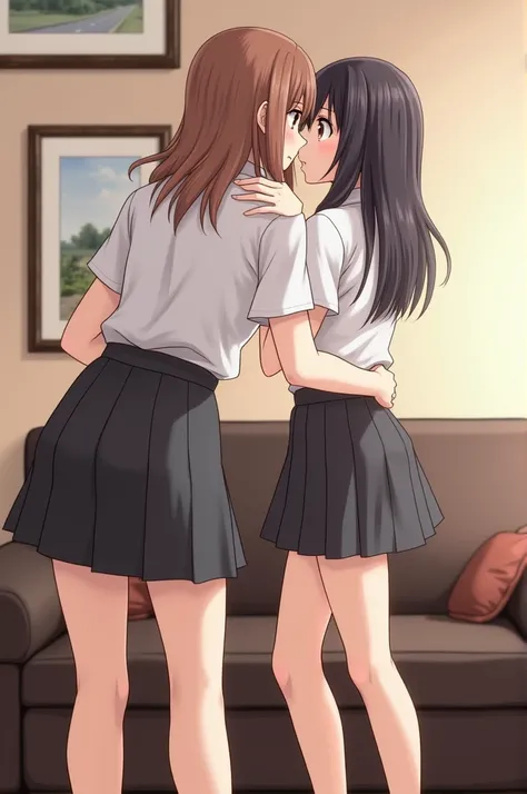 1 girl stands behind the woman standing and fucking on all fours woman moaning at home, obscenity: 1.2, hentai: 1.2, nsfw: 1.2, yuri lesbian: 1.2, kissing, Futanari: 1.2, blushing, wearing blouses and skirts