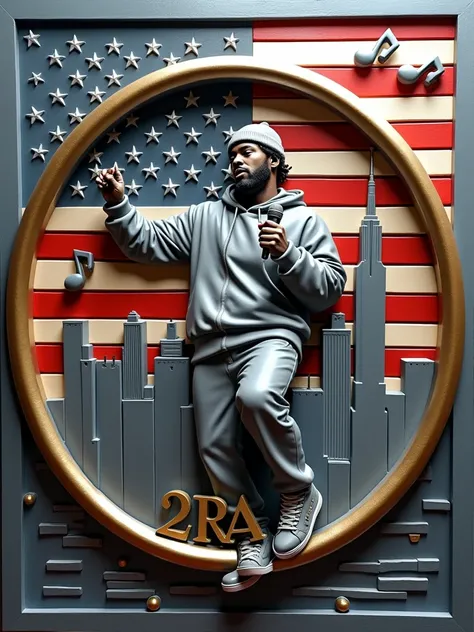 minimalism, Souvenir medal, rapper 2ras, dynamic pose, microphone, musical notes, New York city, flag of America, realistic details, 8k, central frame, photographic sculptural relief, realism, complex details, hyperdetalization, detailed face, sculpture, m...