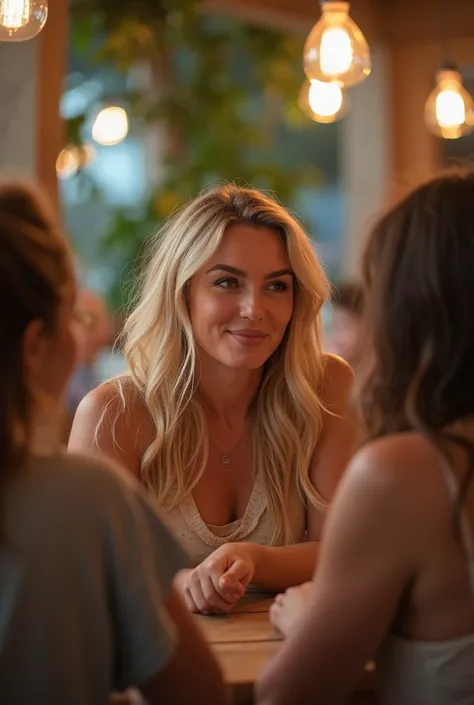 amateur instagram photo of a blonde girl, with loose hair at a table with friends, full body, very fat