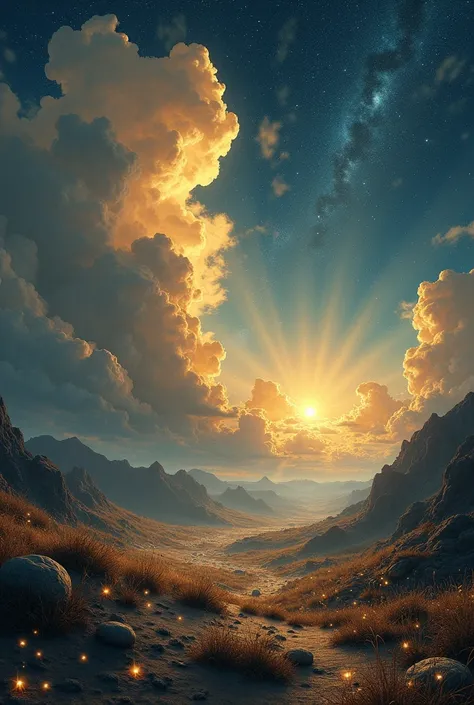 A fantasy landscape of a universe with a night sky filled with golden, pale clouds and countless stars on the ground.
