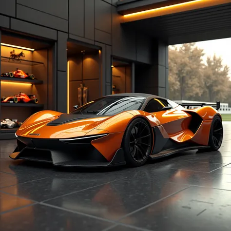 a hyper-realistic ultrarealistic high quality closeup picture realism of a McLaren electric concept modern sports car in stunning metallic orange and black, parked in a luxurious car garage with entrance to mansion with boxing Memorabilia and f1 Memorabili...