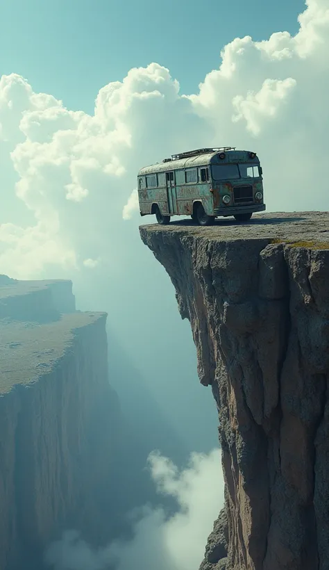 arafed bus on a cliff with a sky background, dangerous cliffside, ultrarealistic matte painting, highly realistic concept art, highly detailed surreal vfx, hyperrealistic matte painting, surreal matte painting, ultra realistic concept art, hyperrealistic c...