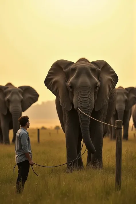 Here’s an image prompt for the story "The Elephant and the Rope":

A tranquil scene showing a group of large, majestic elephants standing calmly in a grassy field. Each elephant is tethered by a thin rope tied loosely around one leg, connected to a small w...