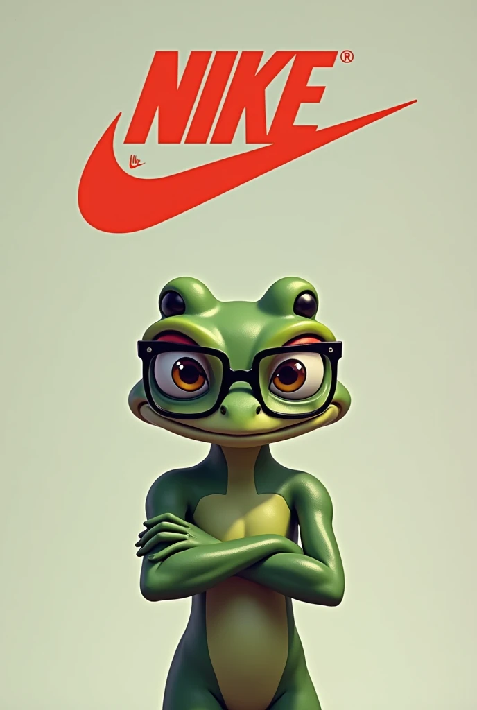 Generate me a Nike logo with me from kaeloo with black glasses style while crossing my arms