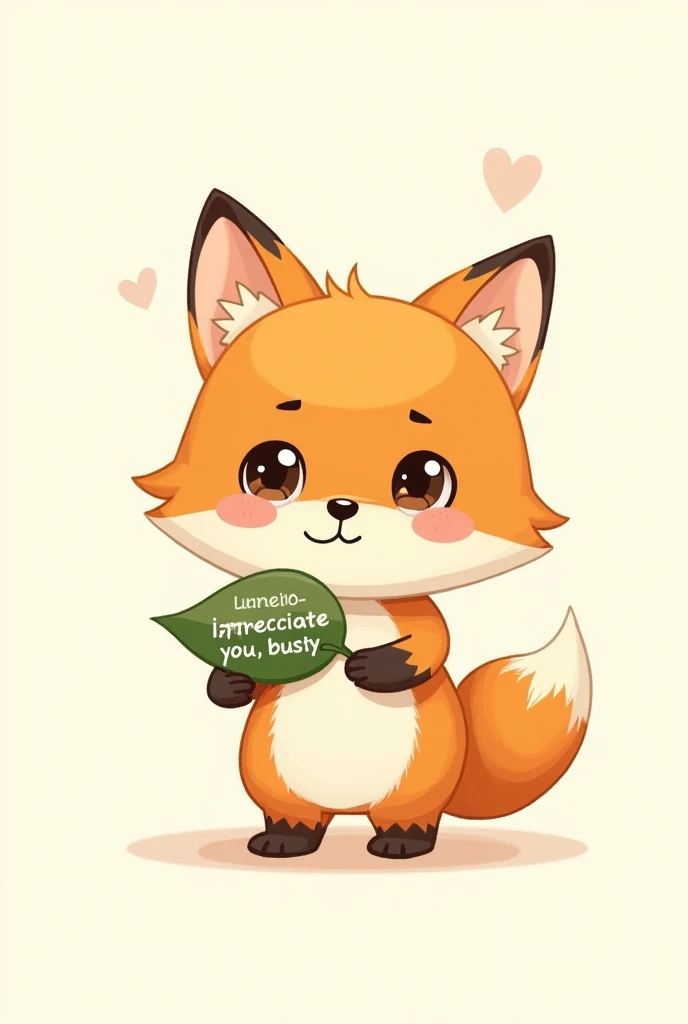 A simple little drawing, small but cute chibi style of a simple cartoon fox with a leaf that says "I appreciate you, busty" in Spanish with nice typography. 