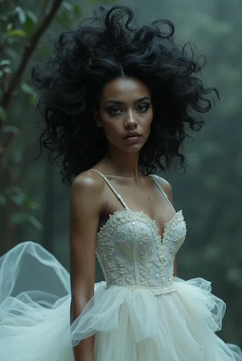 Create hairstyle and makeup proposals for a dark-skinned model, dark and voluminous hair. She should mix the royalty and zombie theme for a themed , like a zombie queen. Her dress is white, with voluminous train and sleeveless neckline